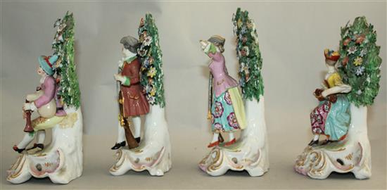 A collection of six Continental Chelsea style porcelain figures, 19th century, largest 17.5cm, smallest 10cm